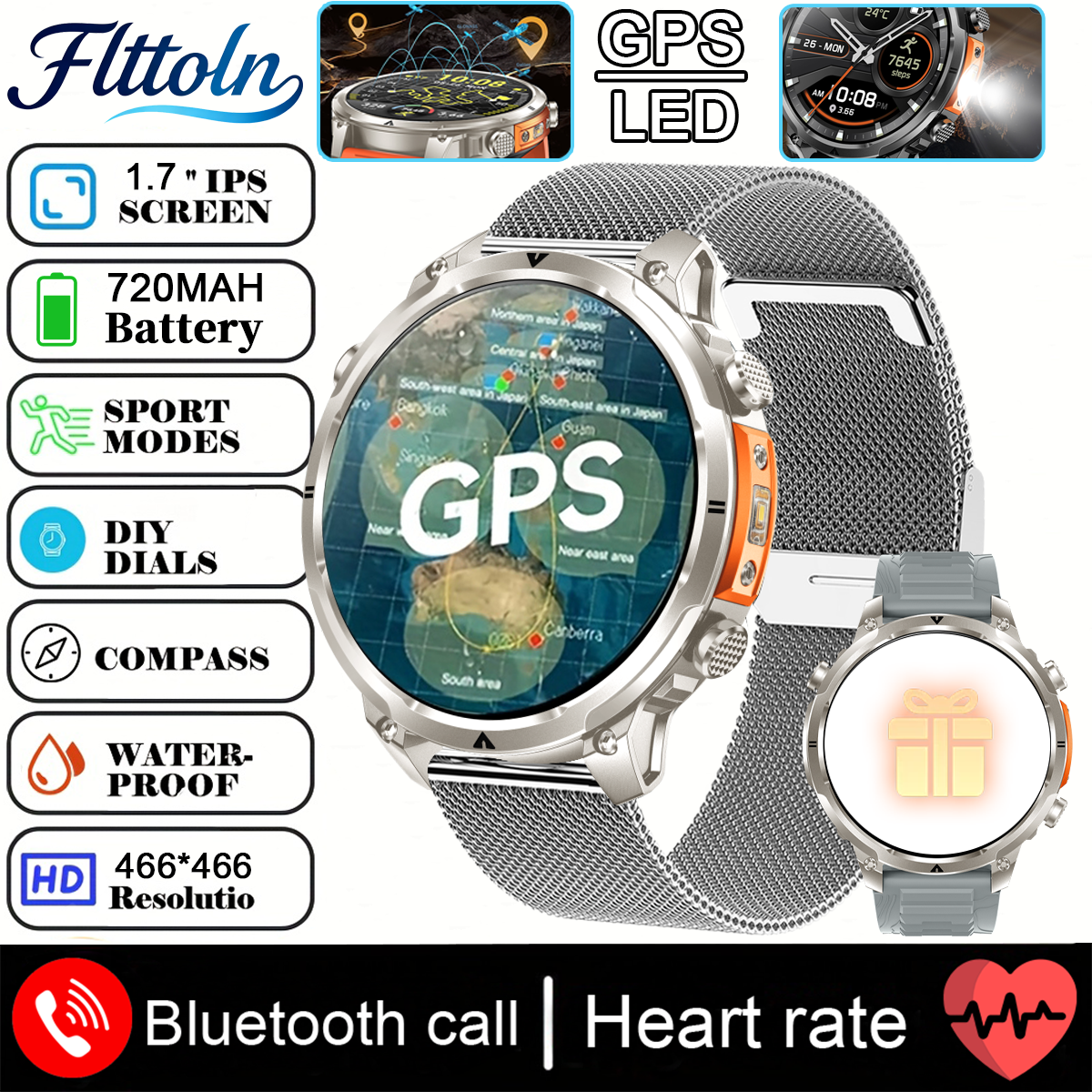 2025 Nuovo Militare GPS Astuto Della Vigilanza 3ATM Impermeabile 650mAh Batteria BT Chiamata Frequenza Cardiaca Pressione Sanguigna Sport tracker Smartwatch Da Uomo: Oro