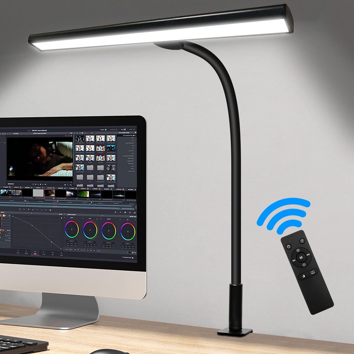Een Bureaulamp Met Klem, 3 Kleurmodi, Flexibele Zwanenhals Klemlamp, Oogverlichting 18W Touch + Afstandsbediening Kleurhelderheid: S / Black