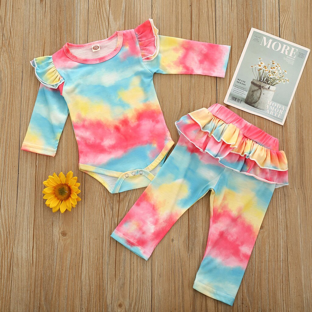 Peuter Baby Meisjes Tie Dye Kleding Geribbelde Gebreide Lange Mouwen Tops Shirt Broek 2 Stuks Fall Winter Outfits Pyjama Set # C