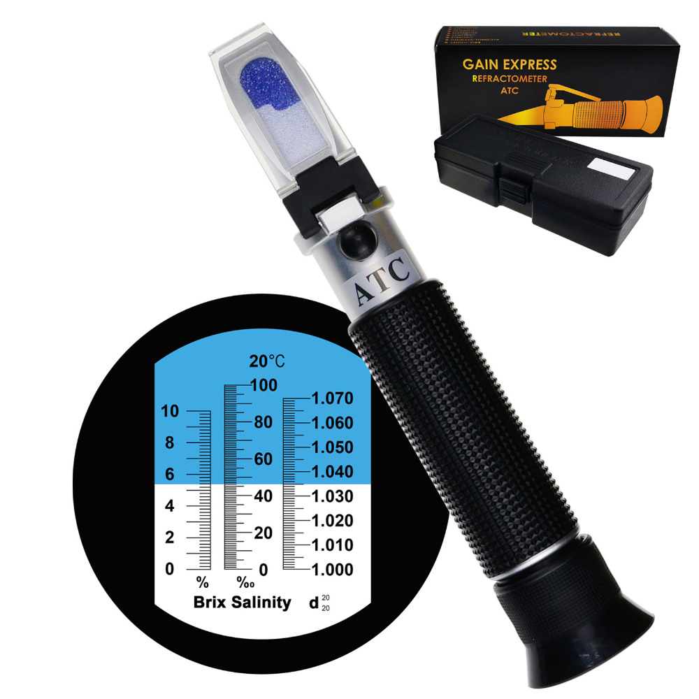 Tri-Scale Refractometer ATC Brix 0-10%/ Salinity 0-100PPT/ Specific Gravity 1.000-1.070 for Saltwater Sea Water Aquarium
