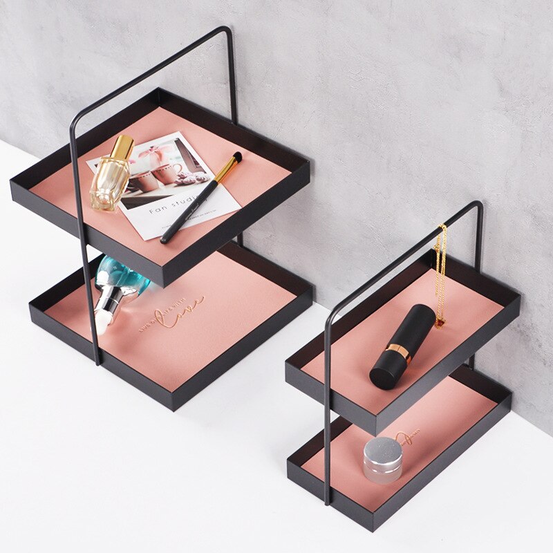 Two Tier Leather Pad Rectangle Metal Storage Tray Sundries Cosmetics Jewelry Dessert Tea Trays Storage Toy Tissue Storage Tray