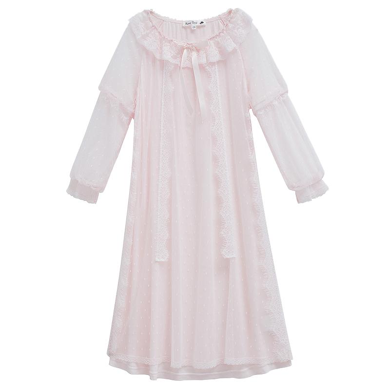 Sweet Princess Nightgown For Girls Long Sleeve Mesh Ruffles Mid Length Bathrobe 2-12y Kid Child Lovely Nightdress Sleeping Dress: Pink / 8
