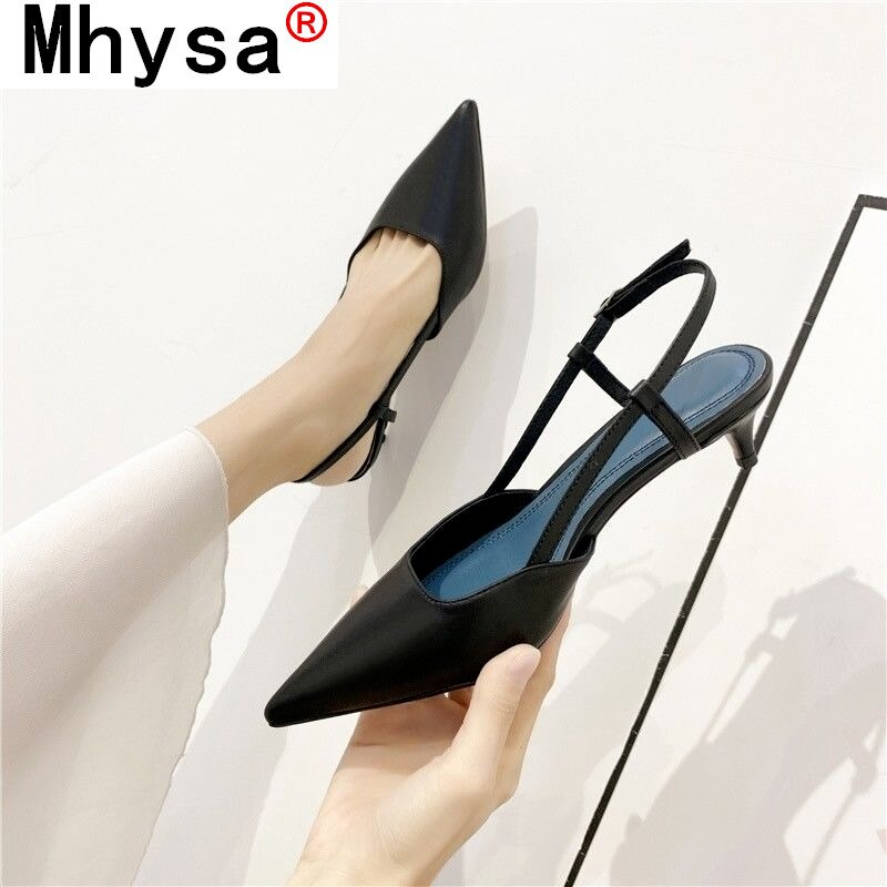 Sandalias altas de piel sintética para mujer, zapatos puntiagudos de tacón medio negro, cómodos, con hebilla, para verano,