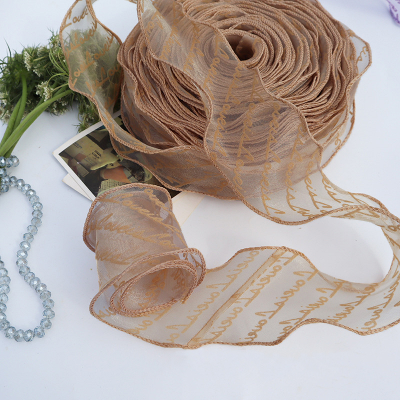 Cinta de Organza con estampado de letras flocadas, borde ondulado para envolver artesanales, decoración del hogar y , 55mm, 5 yardas/lote: Coffee