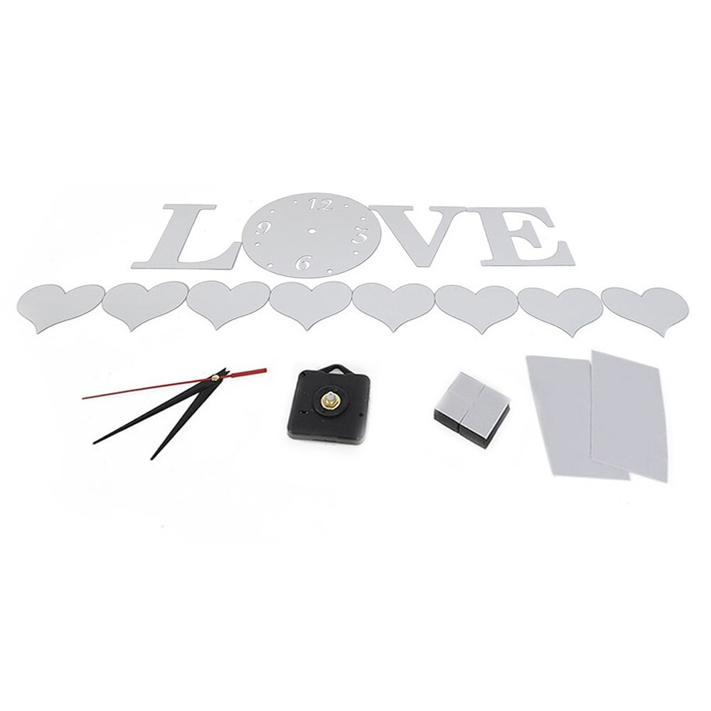 Mirror Effect Decal Clock Acrylic Glass Decor Home DIY Romantic Floor Clock 3D LOVE Wall Clock Stiker Stickers Silver Living