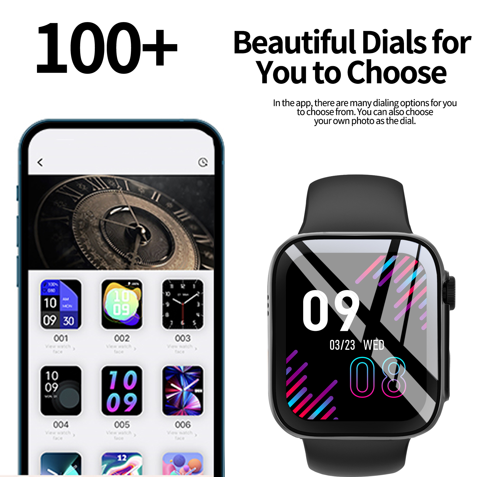 Montre intelligente avec écran HD 1,68 pouces – Appels/cadranage sans fil, Notifications d'alarme/mensage, suivi du fitness, contrôle de la musique.