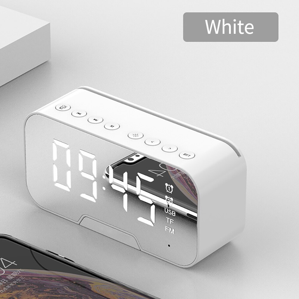 Bluetooth-højttaler med radio ledet spejl vækkeur subwoofer musikafspiller snooze desktop ur trådløst: Hvid