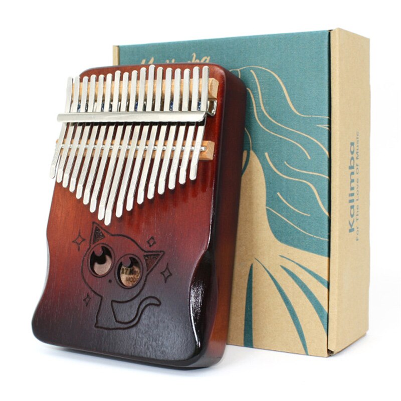 Kalimba 17 key Thumb Piano Wood Mahogany Mbira Body Musical Instruments Kalimba Piano with Accessories: Cat-Brown