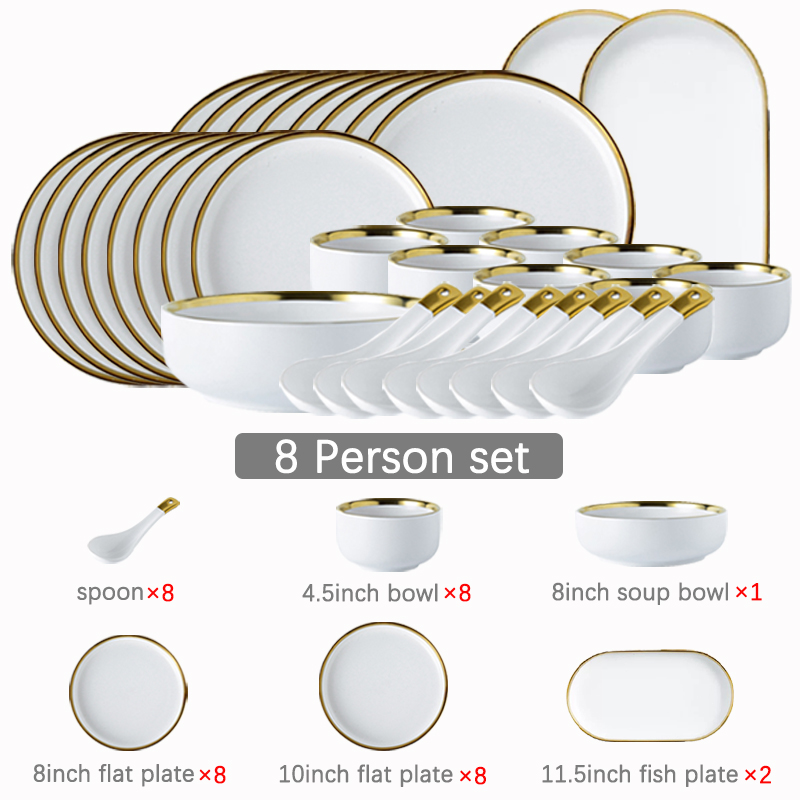 Juego de vajilla de porcelana con borde dorado, plato de cerámica para pastel, comida, ensalada, sopa, tazón, vajilla para restaurante