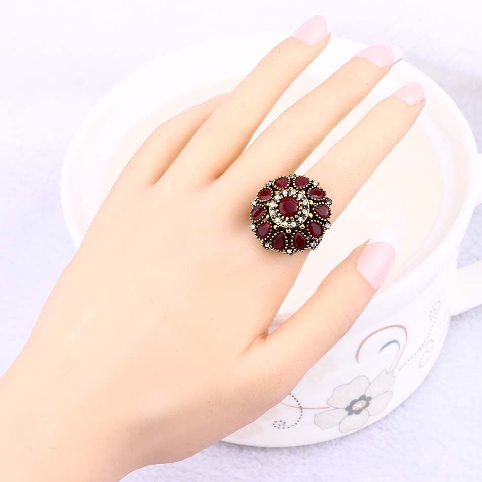Kinel Heißer Blume Kristall Hochzeit Ringe Für Frauen Jahrgang suchen Runde Farbe Gold Mosaik verrotten Harz Türkei Schmuck