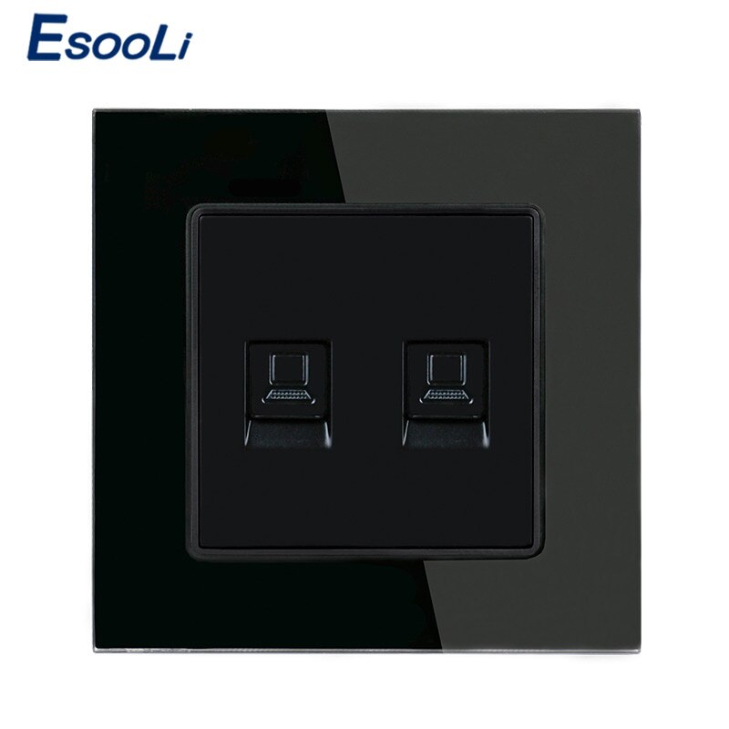 Esooli White Luxury Crystal Glass Panel Double RJ45 Internet Data Computer Jack CAT5E Connector Outlet Wall Socket