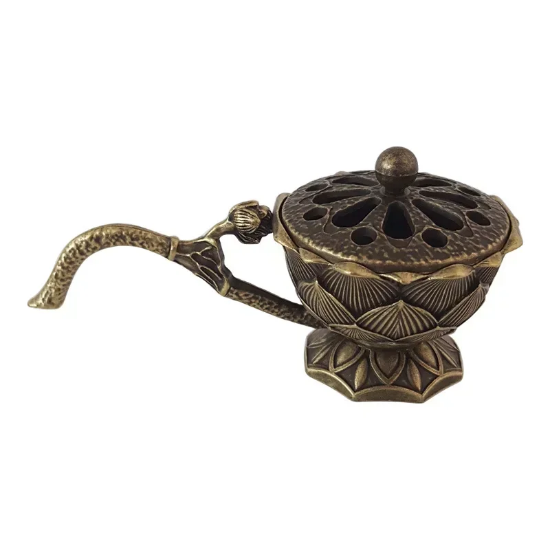 Quemador de incienso de flor de loto con mango, quemador de incienso hueco de loto de latón y cobre Retro, artesanía de Metal pequeña para decoración del hogar: Rojo
