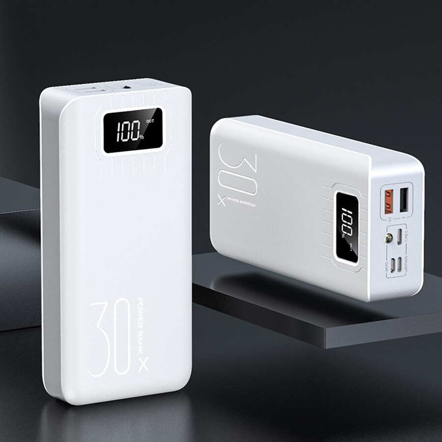 30000mAh Power Bank TypeC Micro USB QC Fast Charging Powerbank LED Display Portable External Battery Charger For Xiaomi iPhone: White