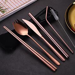 Regenboog Servies Set 6 stuks Draagbare Bestek Set Metalen Stro met Cleaner Brush Rvs Gekleurde Herbruikbare Servies Set: rosegold set