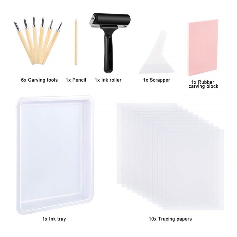 Rustark 42Pcs Rubber Stamp Making Kit, Printing Starter Tool Kit Carving Knives Rubber Carving Blocks Ink Brayer Roller Tracing Paper Printmaking Scul