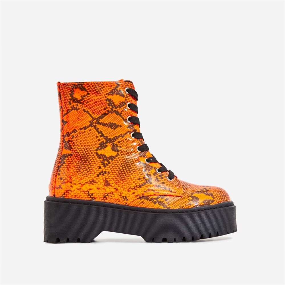 Perixir Lace-up Ankle Biker Boot Neon Orange Snake Print Short Platform Boots Women Shoes Autumn Winter Round Toe Ladies Shoes