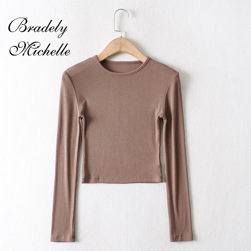 O-hals ensfarvede kvinder langærmede korte toppe sexet pullover bundbluser t-shirt crop top
