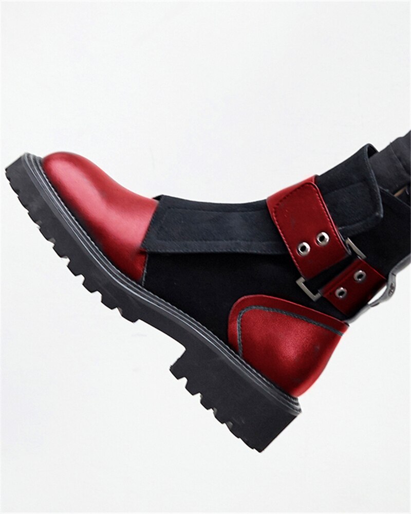 Botas de motorista de piel sintética con cinturón, de tacón bajo, estilo casual callejero negro