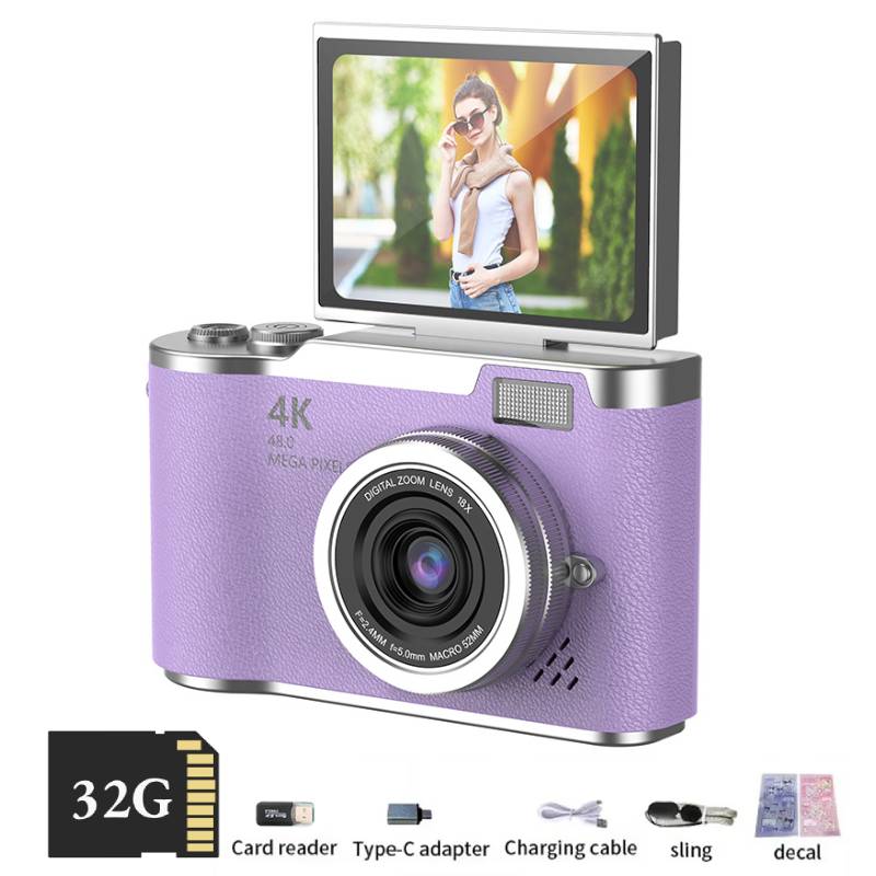 4K Digital Camera CCD 180° Flip Screen Selfie Camera 8X Digital Zoom 48MP Portable Digital Photography Camera with 32G Card: black