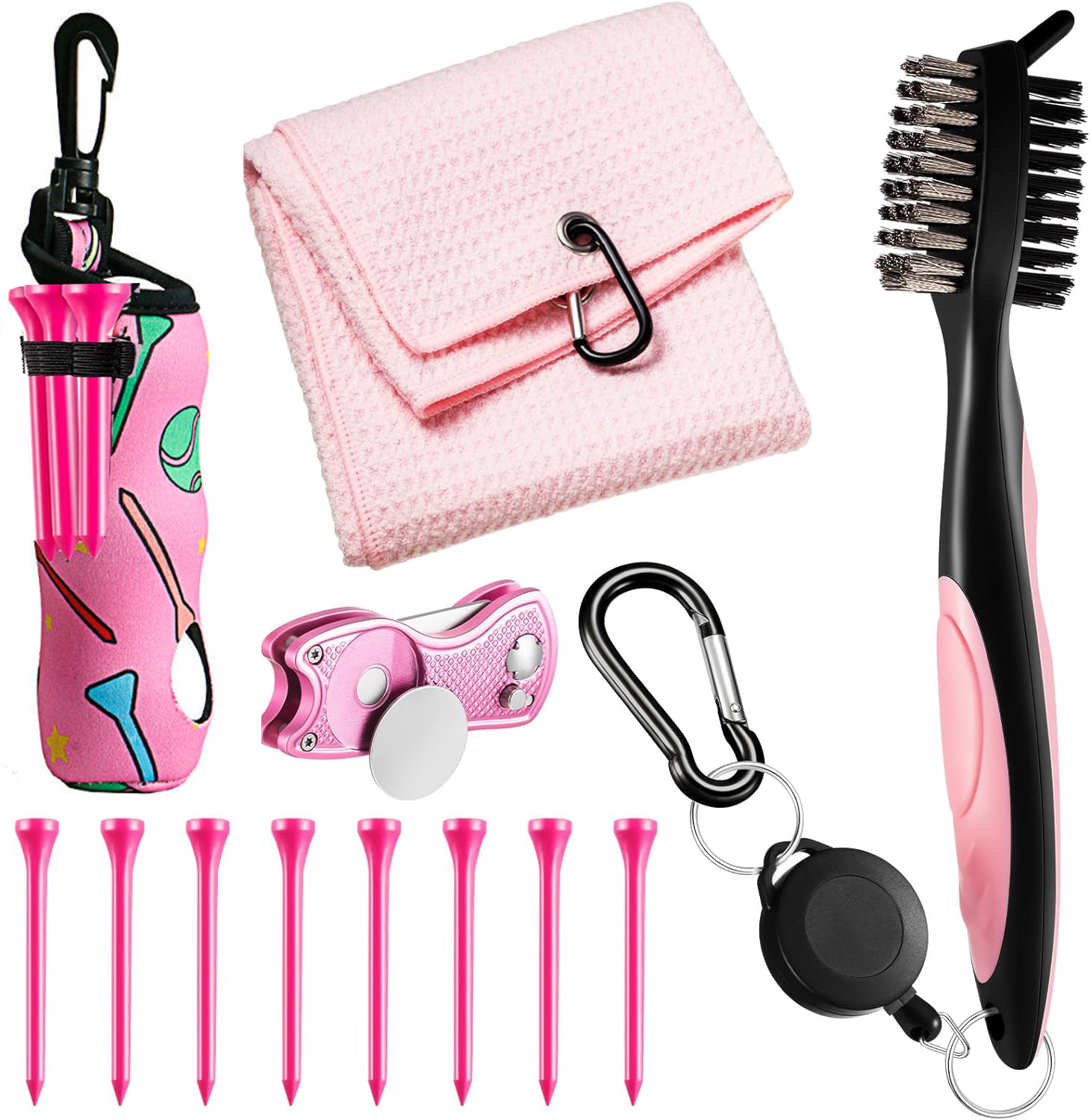 12 -delat rosa golftillbehörsset för kvinnor och män - slitstark golfhandduk i polyester, bolltvättborste, verktyg för reparation av hålor