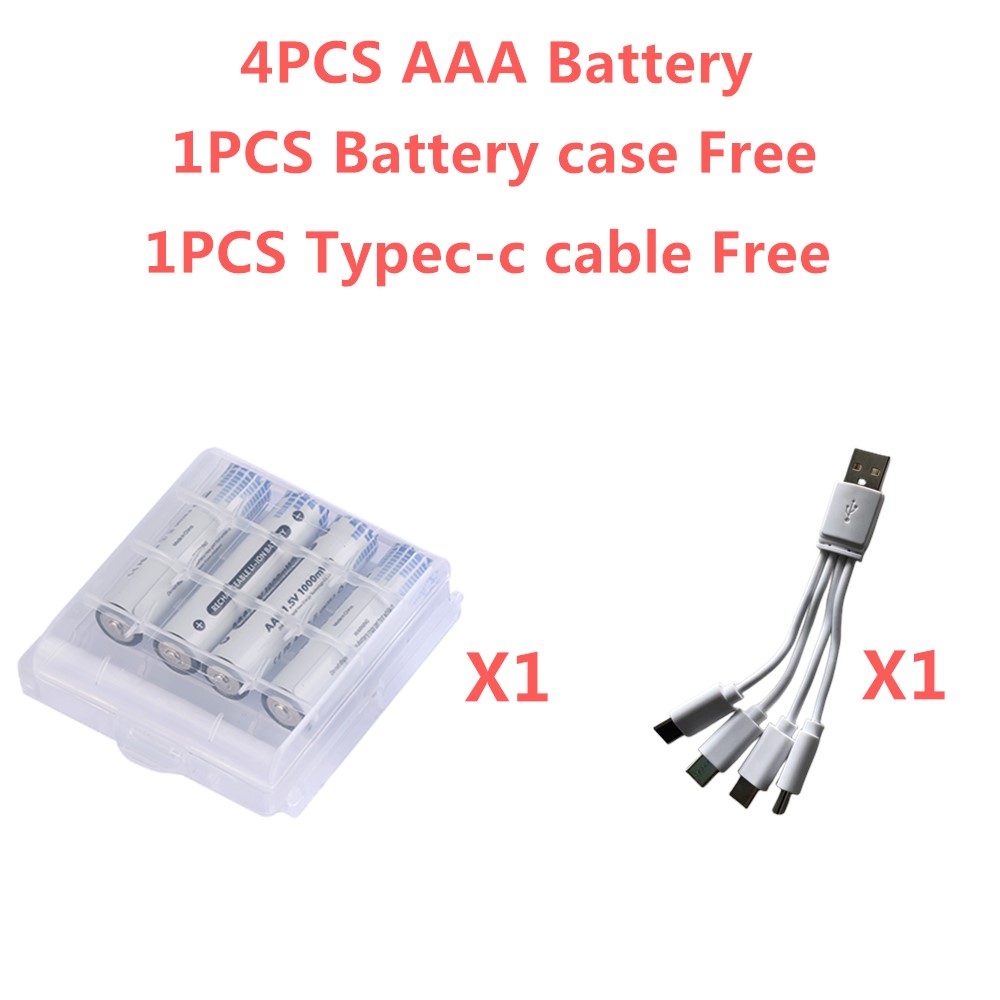 Akumulatory AAA USB 1,5 V Li-ion o dużej pojemności 600 mWh Akumulator zapasowy do zdalnej myszy Latarka + kabel typu C: Black