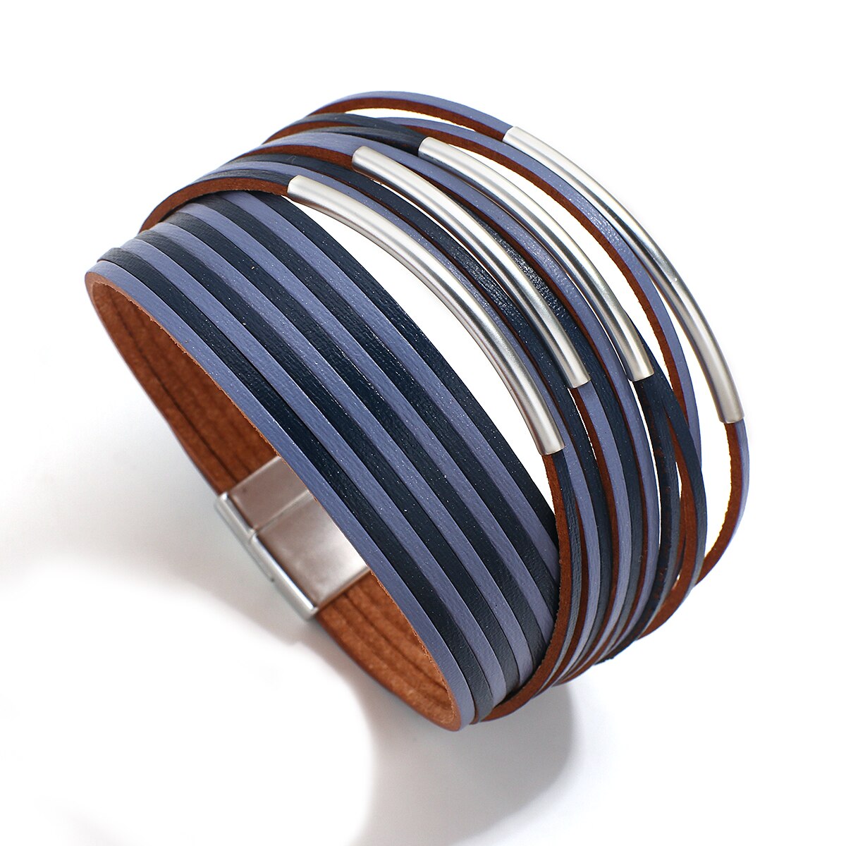 Allyes Eenvoudige Dubbele Kleur Slanke Strip Lederen Armband Voor Vrouwen Mode Metalen Buis Multilayers Wide Wrap Armband Vrouwelijke Sieraden: Blue