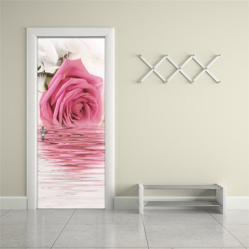 Living Room Pink Rose Flower Door Sticker PVC Waterproof Self-adhesive Bedroom Bathroom Door Mural Poster Wall Papers Home Decor