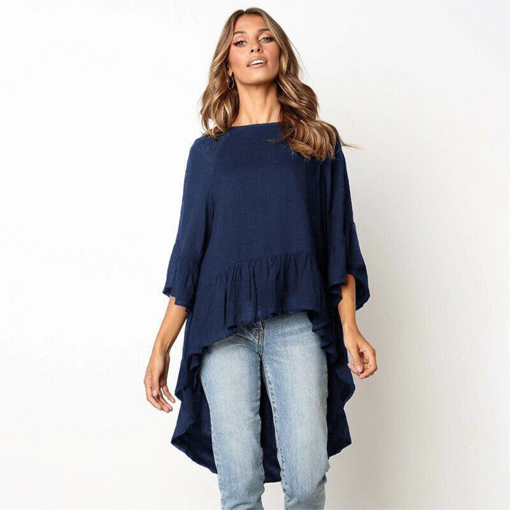 Goopom-chemisier manches longues style Boho | Blouse surdimensionnée femme irrégulière, pull-over, Baggy ample, haut,, chemisiers: Marine Bleu / XL