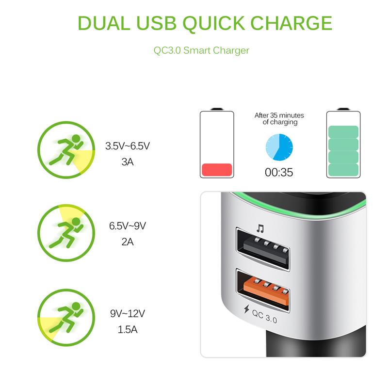 FM Transmitter Aux Modulator Bluetooth Handsfree Car Kit Car Audio MP3 Player with Quick Charge Dual USB Port