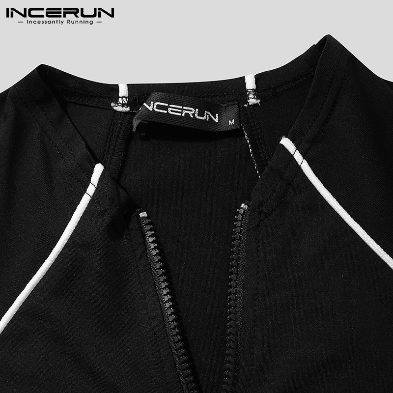 INCERUN 2022 Men Bodysuits Pajamas Homewear Patchwork Fitness Long Sleeve Zipper Men Rompers Comfortable Leisure Bodysuits S-5XL