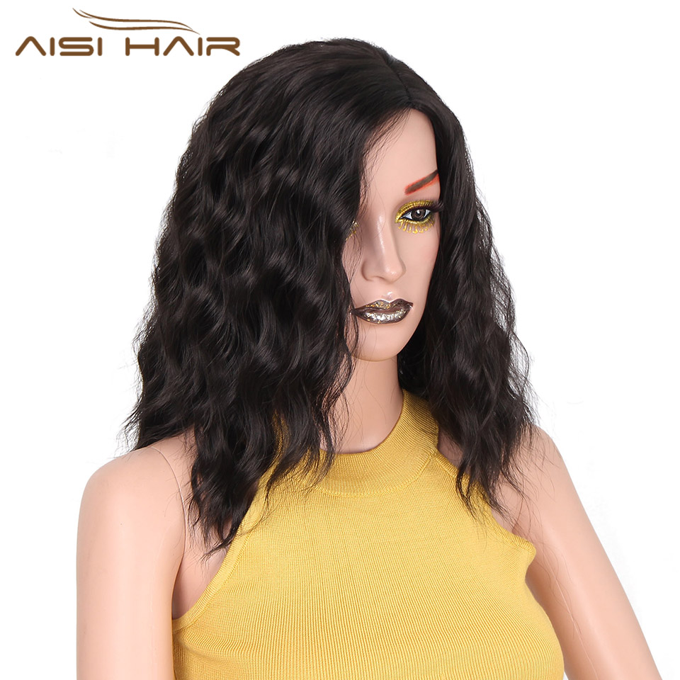 IK een pruik 14 "Korte Bob Water Wave Natuurlijke Losse Synthetische Pruik Kleur Natuurlijke Zwarte Hoge Temperatuur fiber pruiken voor Vrouwen