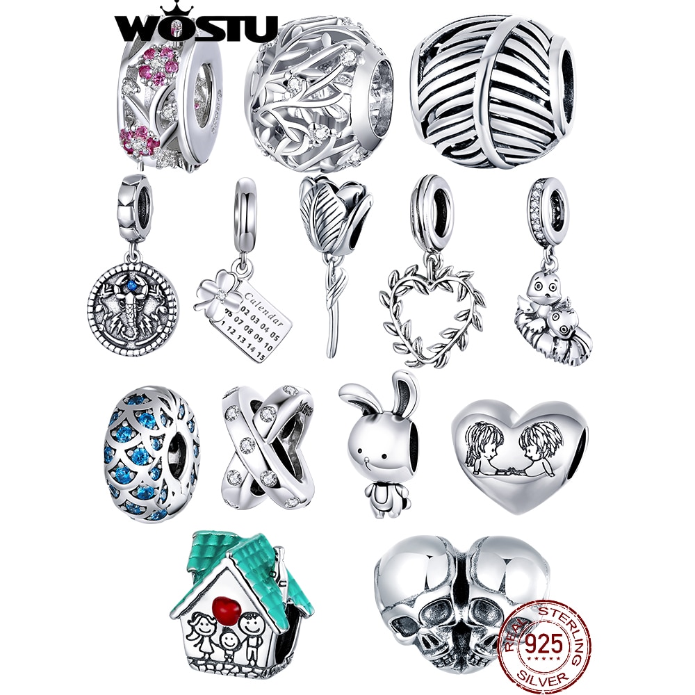 WOSTU Originale 925 Sterling Silver branelli di Fascino del coniglio di AMORE Del Fiore Del Pendente Del Panda Pendenti E Ciondoli Misura I Braccialetti Donne Gioielli FAI DA TE