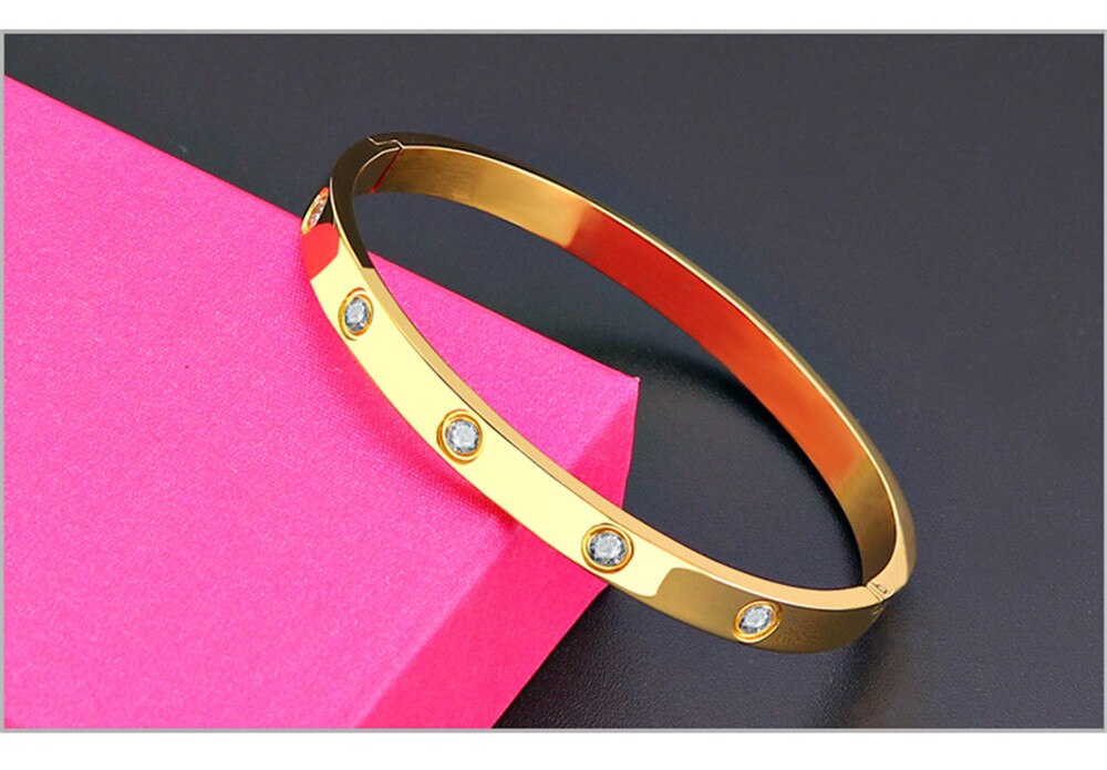 Pulseiras de design oval luxo aço inoxidável abertura rosa ouro zircão pedra amor pulseira pulseira feminino jóias menina acessórios: Gold width 4mm