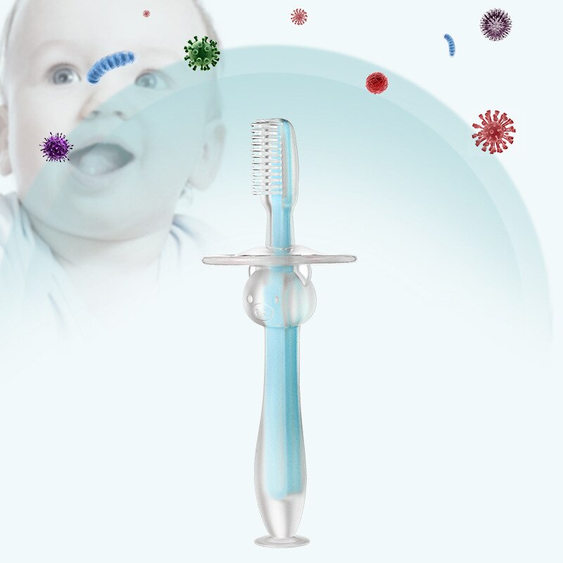 Cepillo de dientes de leche de silicona para entrenamiento de bebé, tres dimensiones con ventosa de pie, cepillo de dientes de silicona con deflector, superventas