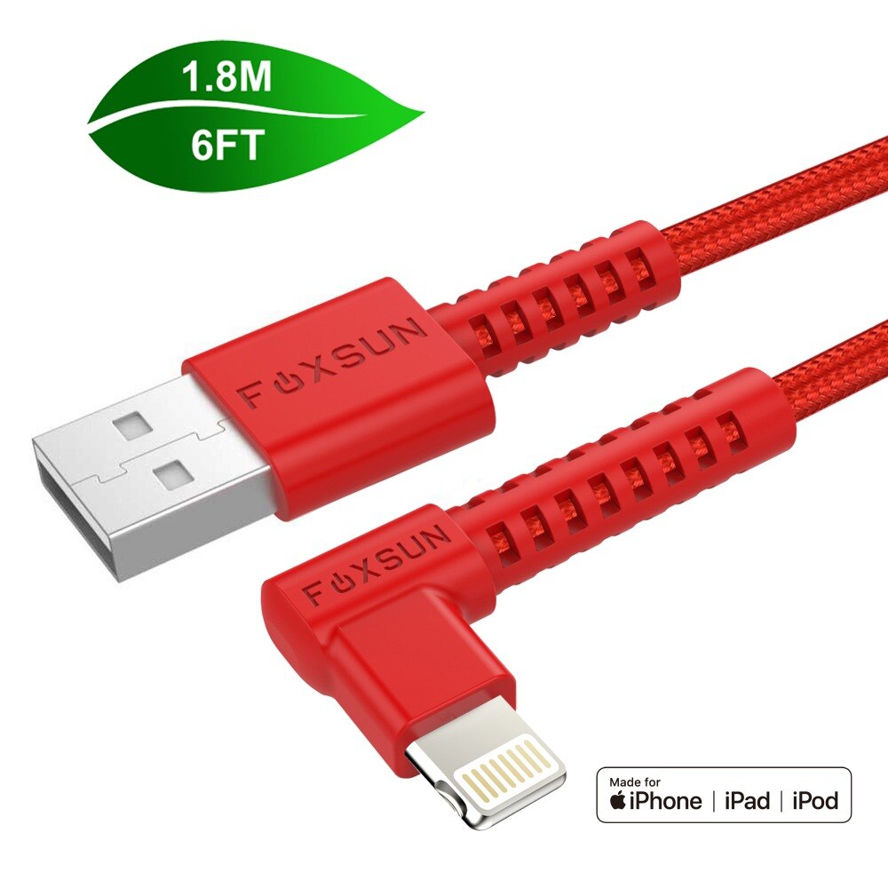 90 Degree for Lightning to USB Cable Nylon Braided, Foxsun 6FT right angle lightning cable for iPhone X/8/8plus/ 7/7 Plus/6S/6/5: Red