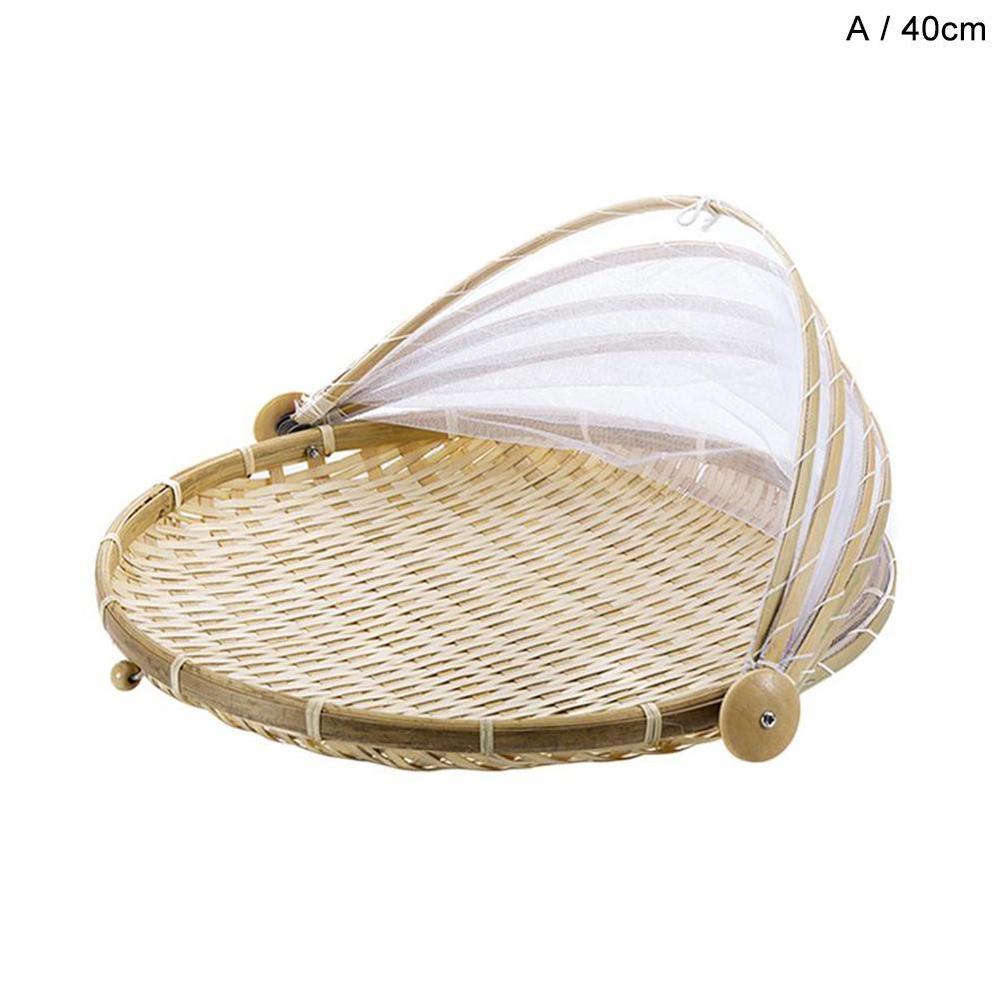 Hand-woven Bamboo Insect-Proof Dust-Proof Basket Picnic Round Dustpan Vegetable Fruit Bread Mesh Gauze Cover Basket: 40cm