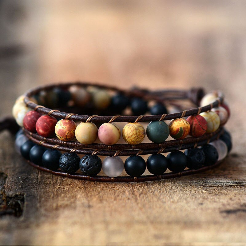 Wrap Bracelets Cool Mix Matte Onyx Stone 2 Strands Leather Bracelets Handmade Bead Couple Bracelet Punk Jewelry