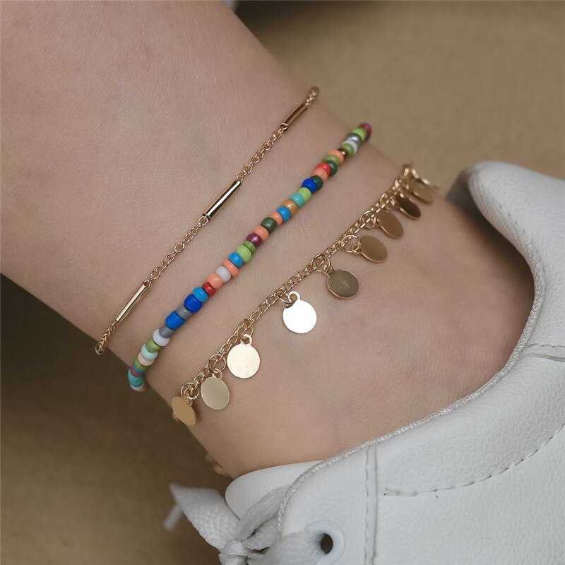 Set van 3 gouden boho-enkelbandjes voor dames en meisjes, zomer, strand, sieraden, beenarmband: 60148