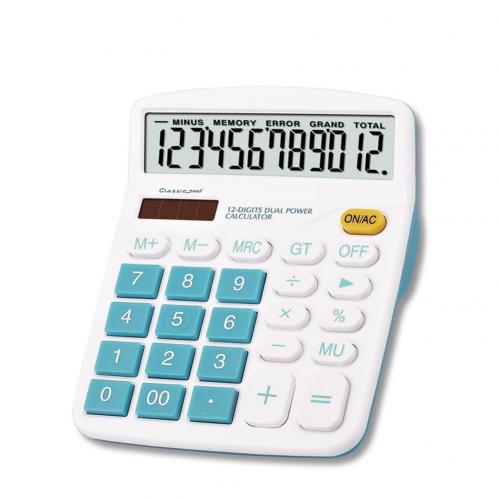 Calculadora de 12 dígitos, gran pantalla, batería de energía Solar, herramienta escolar para oficina en casa: Azul