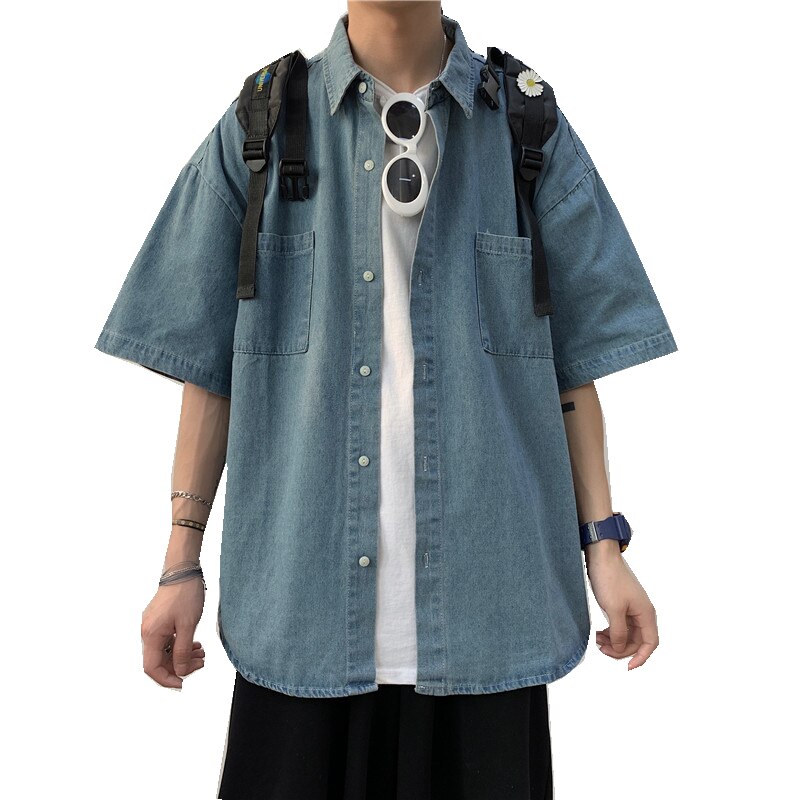 2021Mens Summer Denim Shirts Thin Short Sleeve Soft Cotton Shirt Men Pockets Slim Slight Elastic Jeans Cowboy Shirt