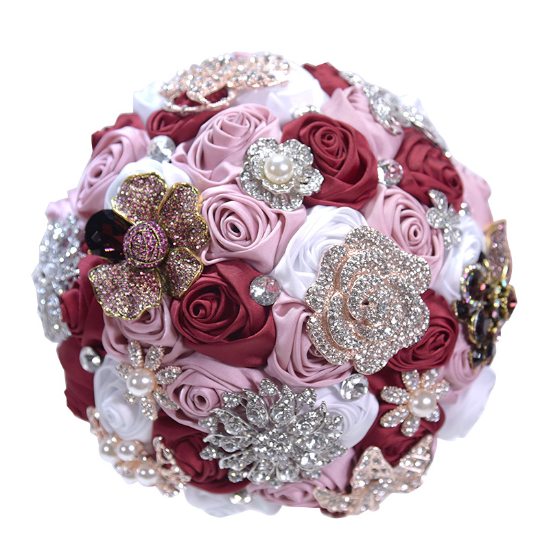 Bouquet de bijoux de mariage en or Rose, Rose, bordeaux, bijoux de mariage, cristal scintillant, bouquet de luxe par souvenir, D59: Wine and blush pink