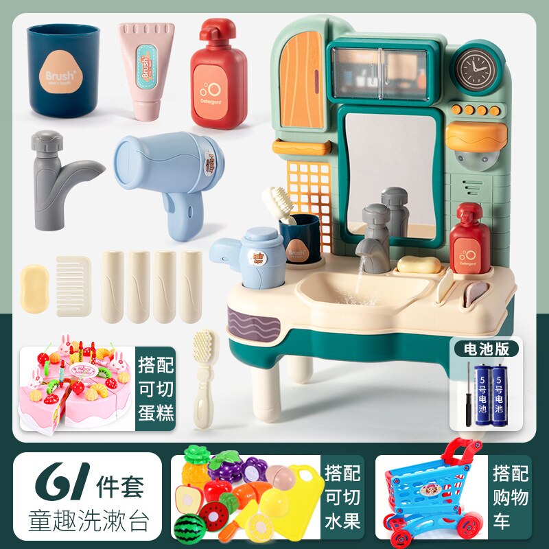 Kinderen Spelen Huis Wastafel Emulate Toy Meisje Leuke Jurk Up Tandenborstel Set Wastafel Simulatie Scène: Childlike Washbasin  Green  Battery Edition   Fruit 9 Pieces   Shopping Cart   Cake 38 Pieces