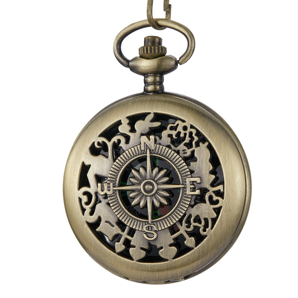 Aankomst Kompas Goud Bruin Retro Hollow Quartz Zakhorloge Fob Hanger Chain: bronze