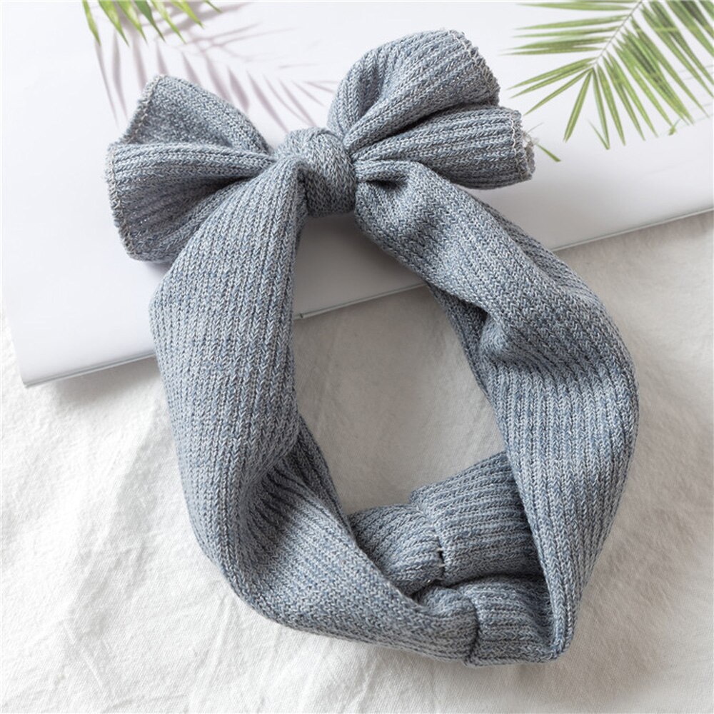 1 Pcs Sweet Baby Bow Knitted Headband Wide Soft Solid Color Crochet Headwrap Elastic Hairband Tiara Winter: blue gray