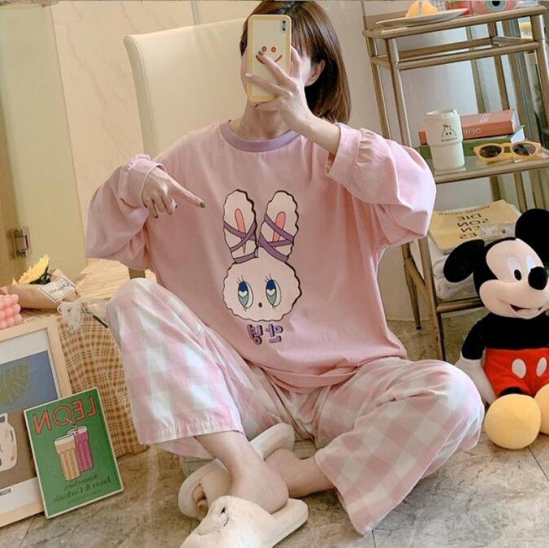 Pajamas Women Casual Autumn Long-Sleeved Round Neck Purple Collar Pink Rabbit Head Pink Lattice Pants Pajamas Set M-Xxl