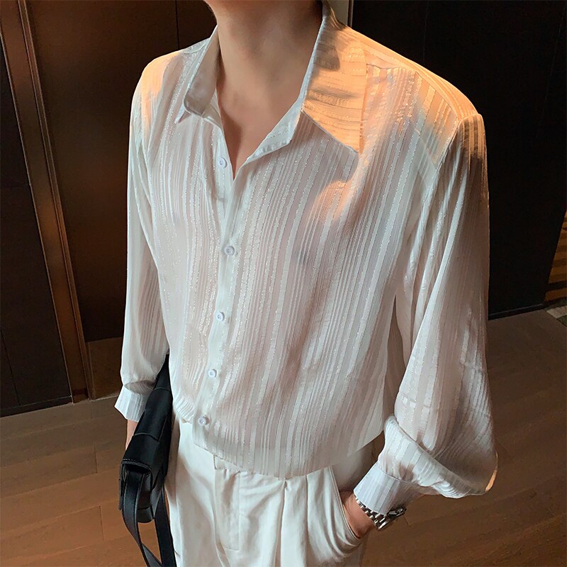 Mænd langærmet gennemsigtige striber afslappet skjorte mandlige vintage hvide skjorter scene tøj