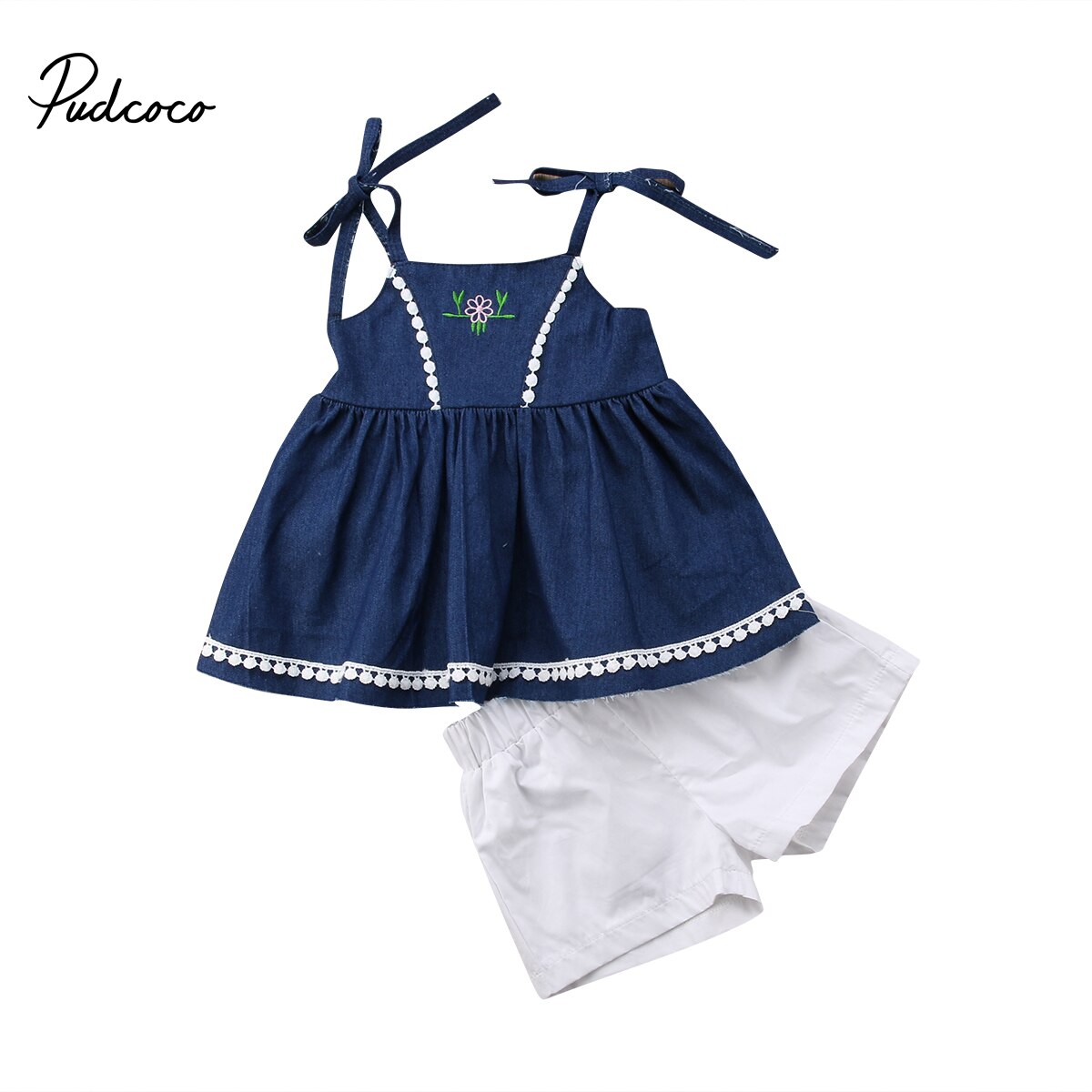Merk peuter baby kinderen babymeisje bandjes denim tops prinsessenjurk shorts outfits 2 stuks sets casual zomer zonnepak 1-6t