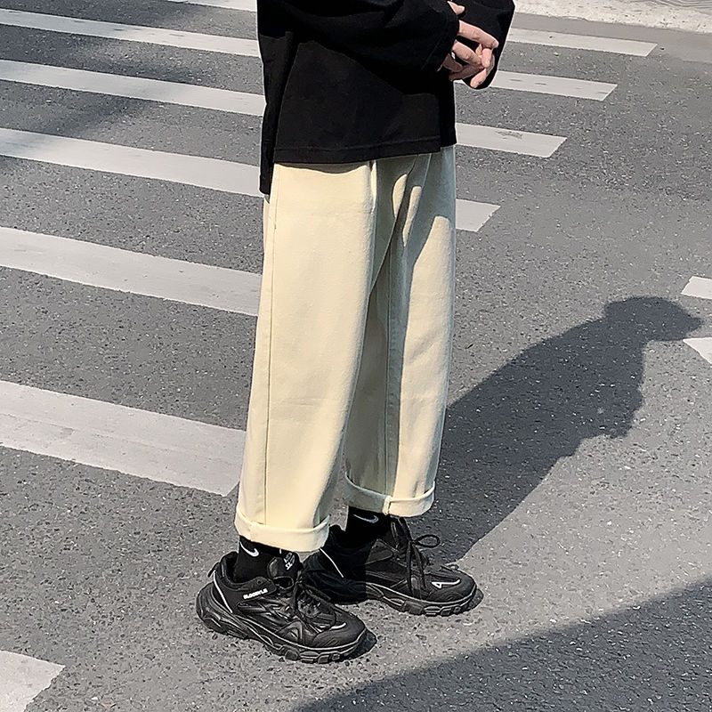 Straight jeans herre ensfarvet casual retro jeans bukser herre streetwear vild løs hip hop denim bukser herre m -2xl