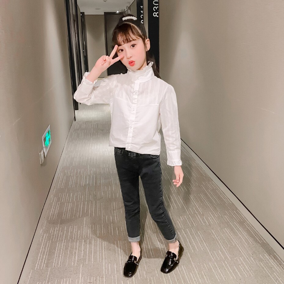 Meisjes witte blouse effen kleur meisjes school shirts coltrui kindershirt voor meisjes tienerkleding voor meisjes