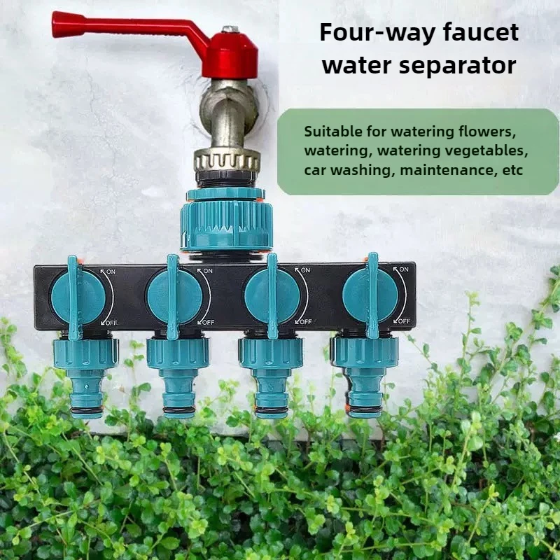 4- vägs slangkoppling, trädgårdsbevattning, vattendelare, 3/4 " och 1/2 " bevattningskopplingar, ventil, vattenfördelare